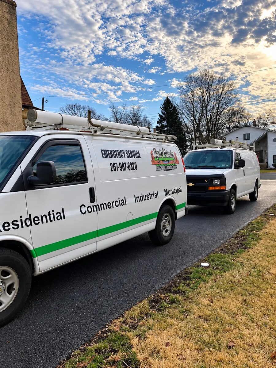 Root-A-Drain service vans on a winter street in Bucks County