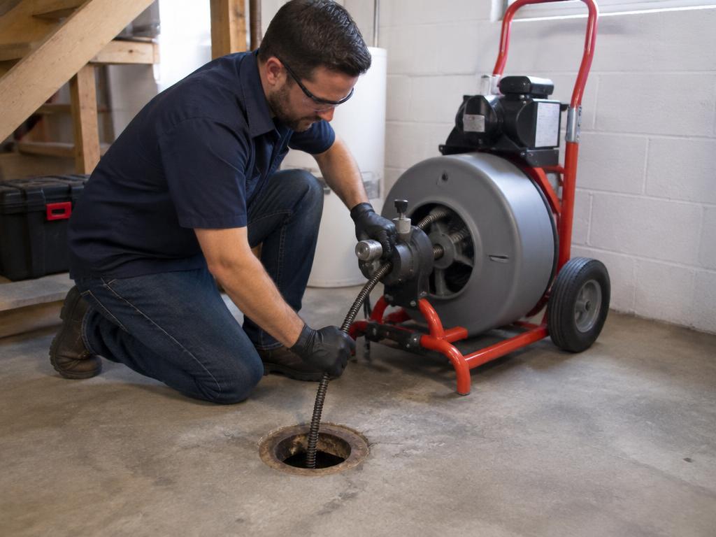 Drain cleaning machine clearing a basement floor drain in Bristol, PA