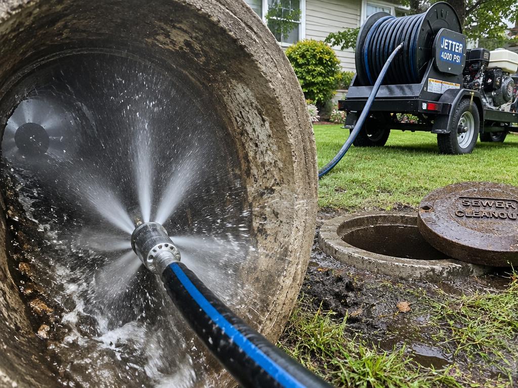 Hydro jetting a sewer line with high pressure water in Bucks County