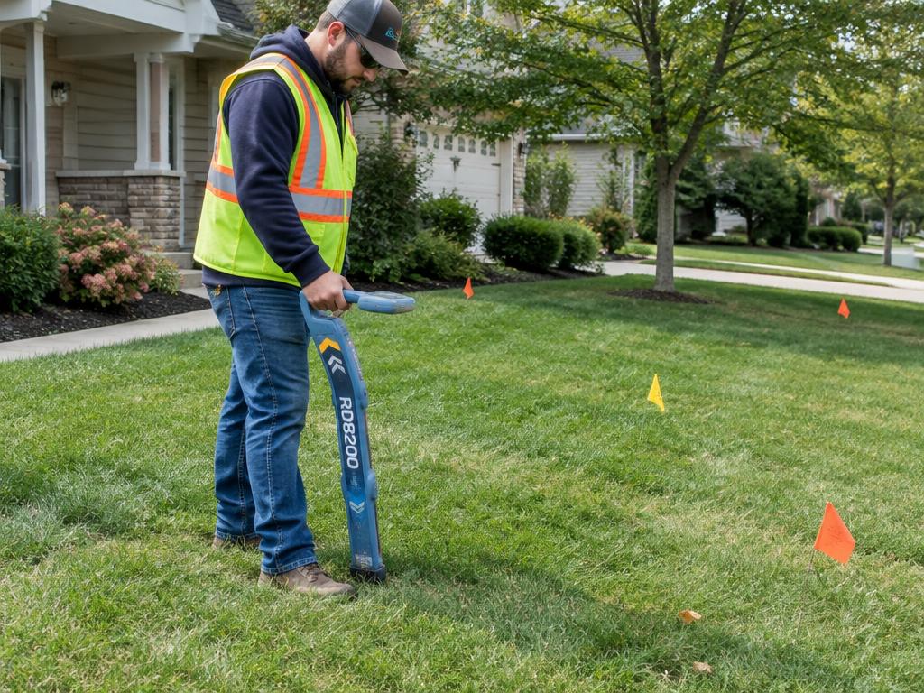 Pipe locating with an electronic locator on a lawn in Bristol, PA